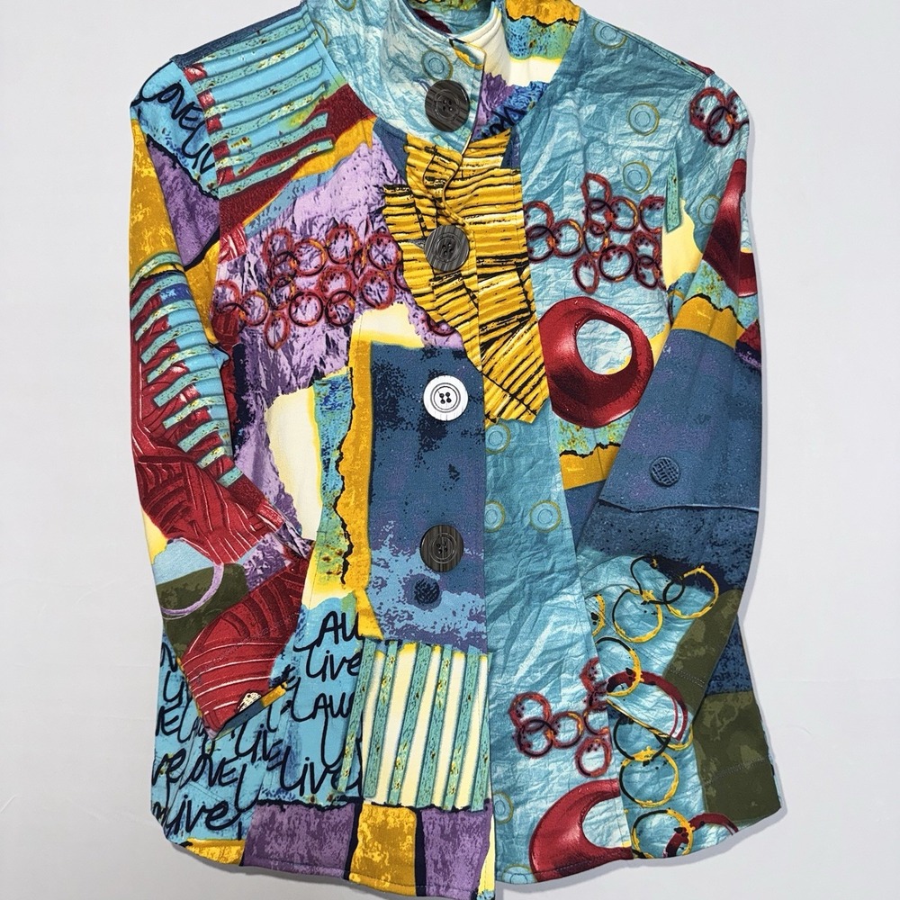 Multiples Abstract Art Print Button Collared Ruffle Pockets Jacket Women's S